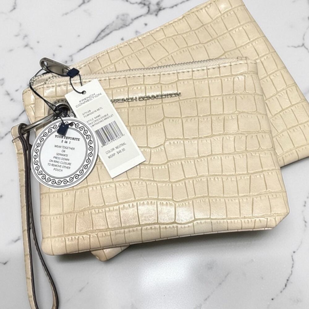 French Connection Cream Croc-Embossed Crossbody Wristlet Set